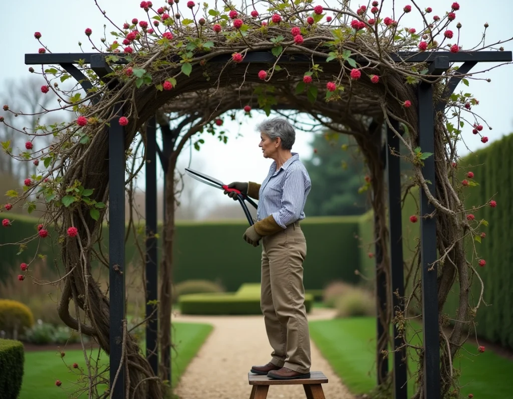 Femme sur un escabeau taillant un rosier grimpant ancien et envahi sur une pergola en fer forgé dans un jardin à l'anglaise