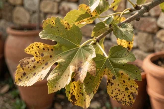 Feuilles de figuier jaunissantes avec taches brunes, symptômes de maladie visible sur le feuillage