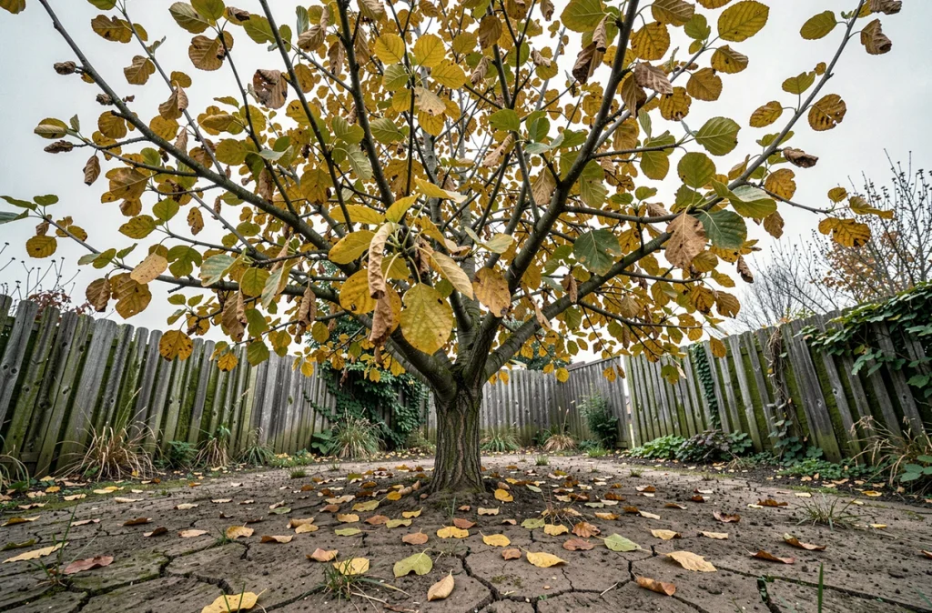Figuier avec feuillage jaunissant et tombant dans un jardin négligé, vue d'ensemble de l'arbre malade