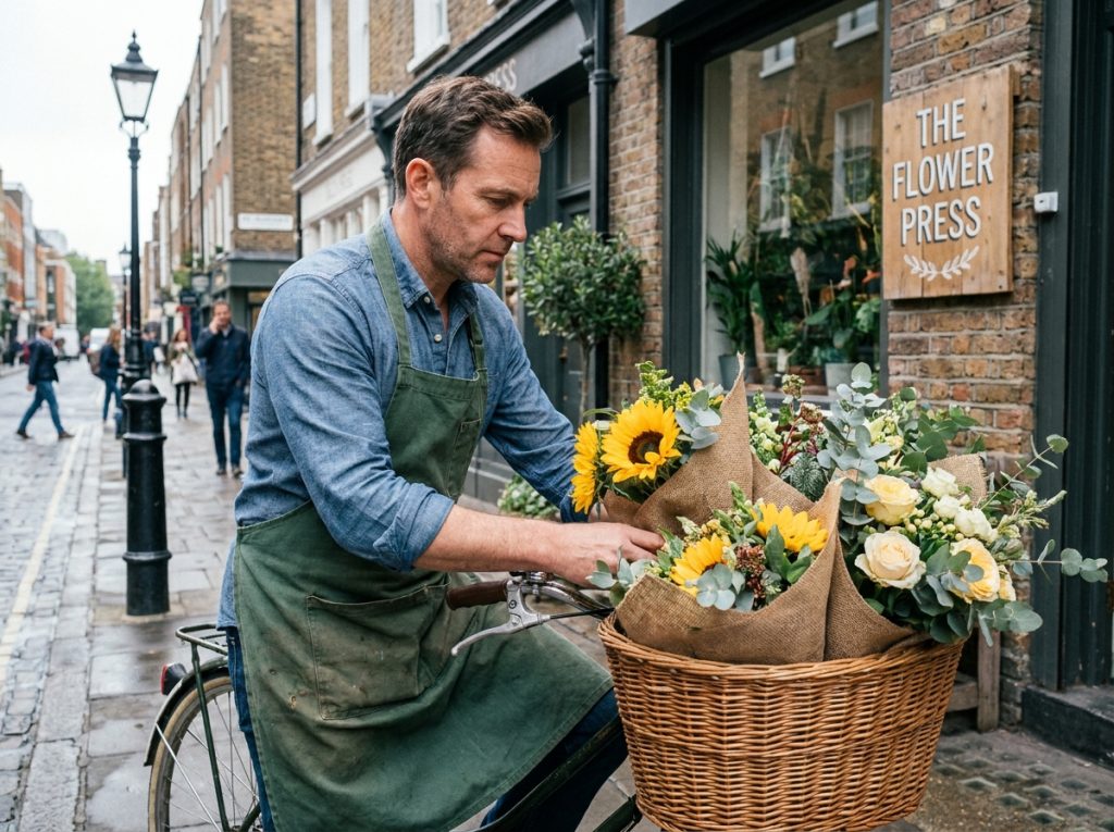 Fleuriste chargeant un vélo de livraison avec des bouquets de fleurs fraîches devant sa boutique