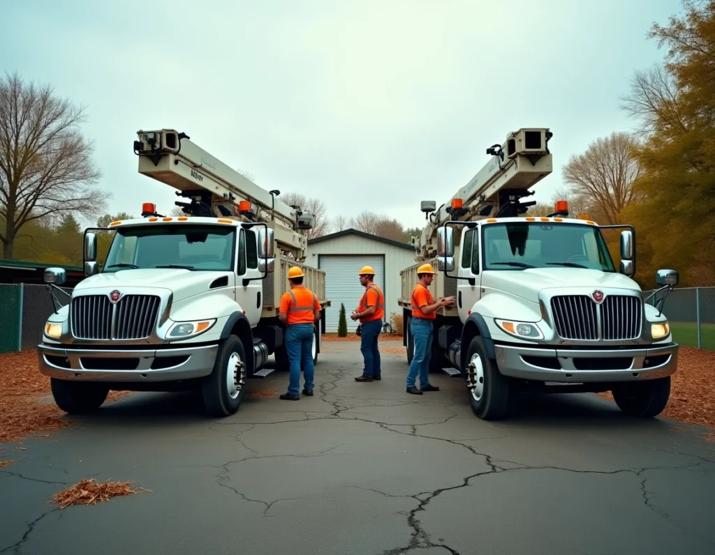 Deux camions d'élagage professionnels garés dans un dépôt avec des techniciens effectuant une inspection avant chantier