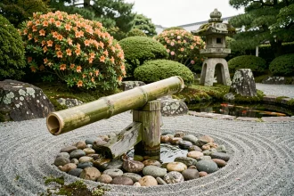 Fontaine shishi odoshi en bambou dans un jardin zen japonais avec pierres, gravier ratissé et lanterne en pierre