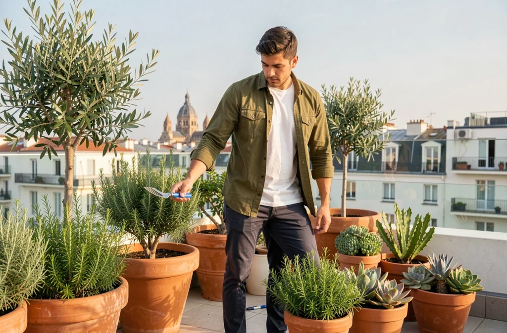 Paysagiste de Garden Project aménageant une terrasse végétalisée en toiture avec des plantes méditerranéennes sur un immeuble toulousain