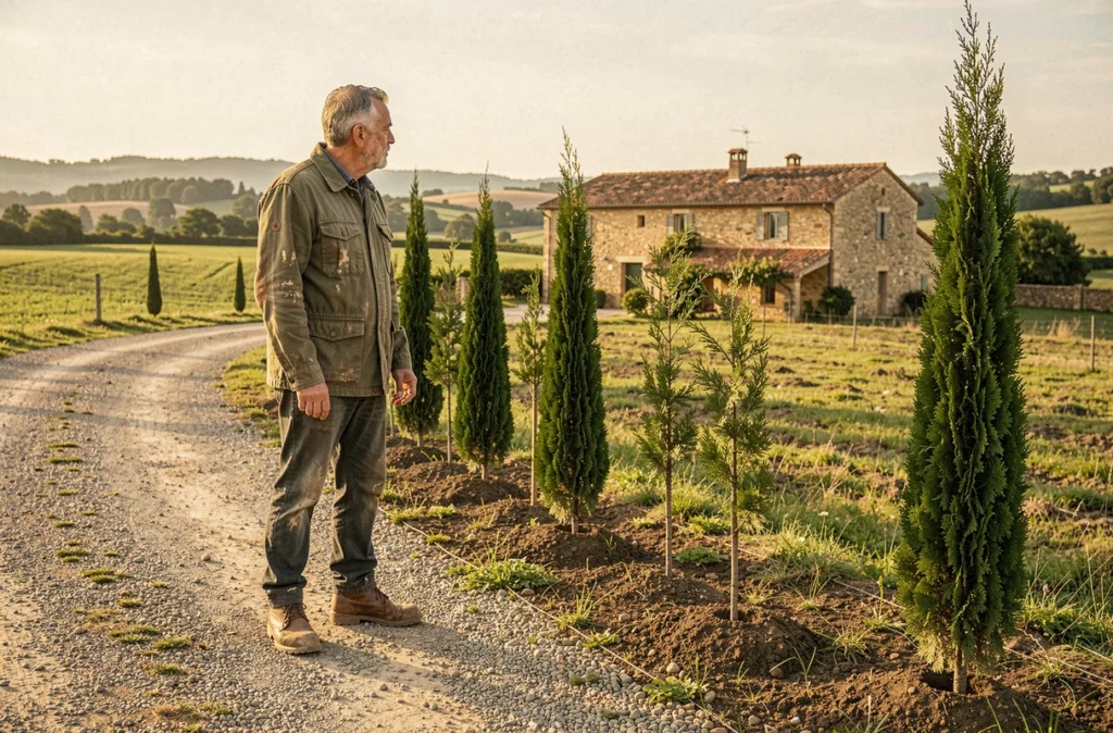 Paysagiste de Ginestet Paysage supervisant la plantation de cyprès le long d'une allée d'une propriété rurale toulousaine
