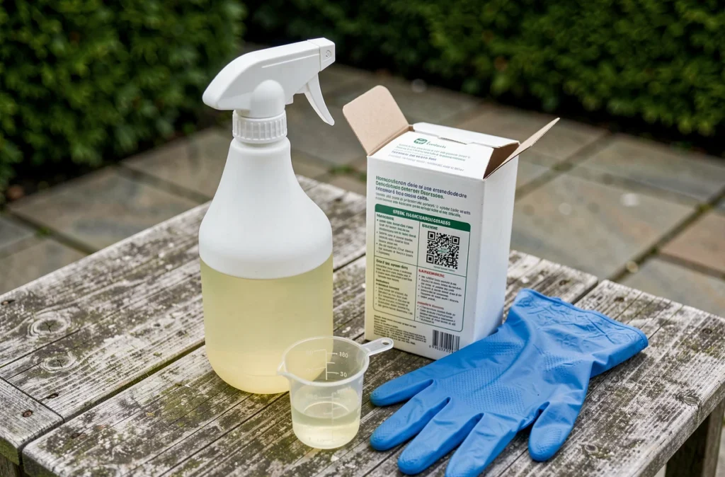 Gros plan sur un pulvérisateur de 5 litres, un verre doseur et une notice de dosage glyphosate posés sur une table de jardin