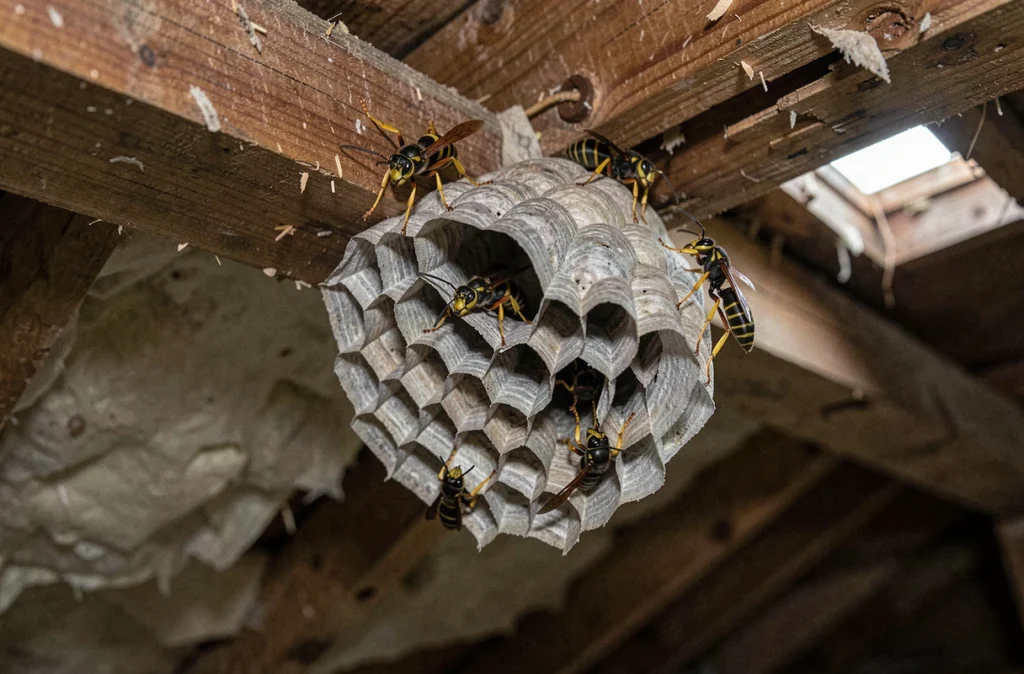 Gros plan sur un nid de frelons asiatiques dans les combles d'une maison avec frelons visibles sur la structure
