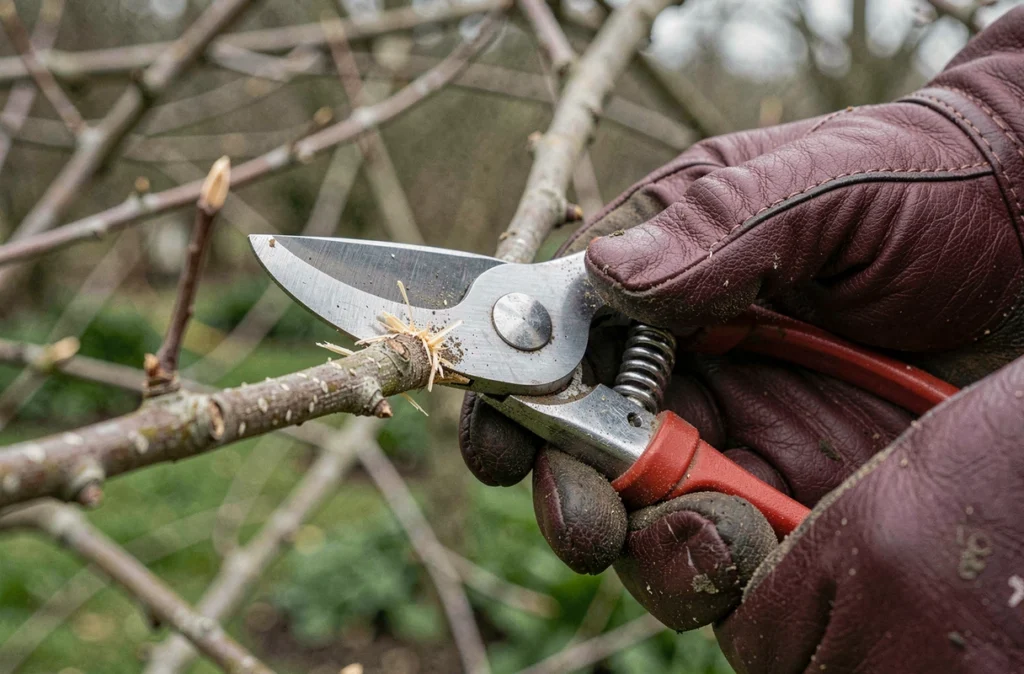 Gros plan sur un sécateur professionnel en train de couper une branche avec un gant de jardinage en cuir bordeaux