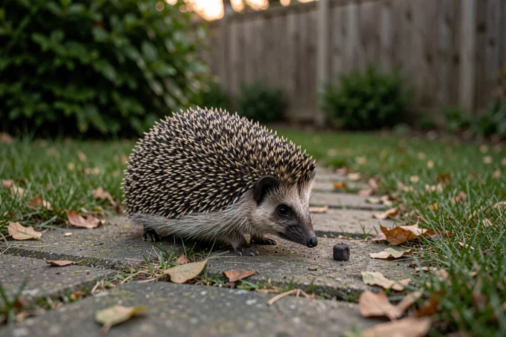 Hérisson d'Europe sur un chemin de jardin avec une crotte cylindrique visible derrière lui pour identification