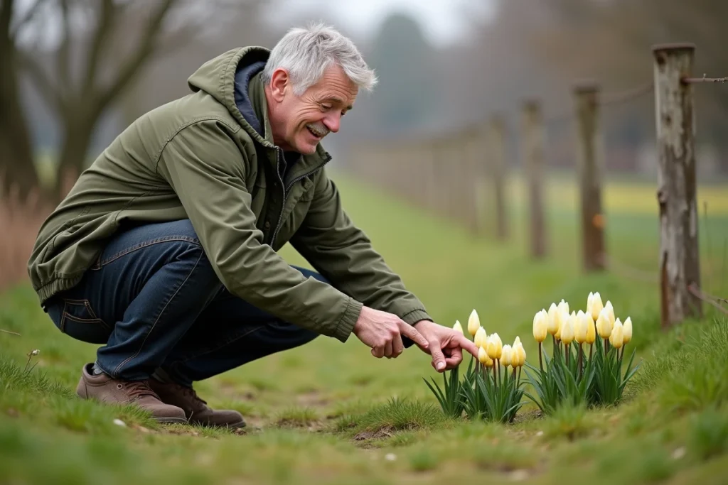 Homme accroupi dans un pré printanier montrant du doigt deux massifs de narcisses et jonquilles sauvages côte à côte