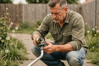 Homme en train d'inspecter la tête de fil d'un rotofil dans un jardin pavillonnaire