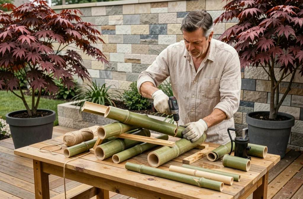 Personne assemblant une fontaine shishi odoshi en bambou dans un jardin moderne occidental avec outils et matériaux