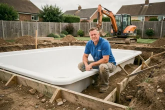 Professionnel installant une piscine coque en fibre de verre dans un jardin suburban lors d'une excavation de chantier