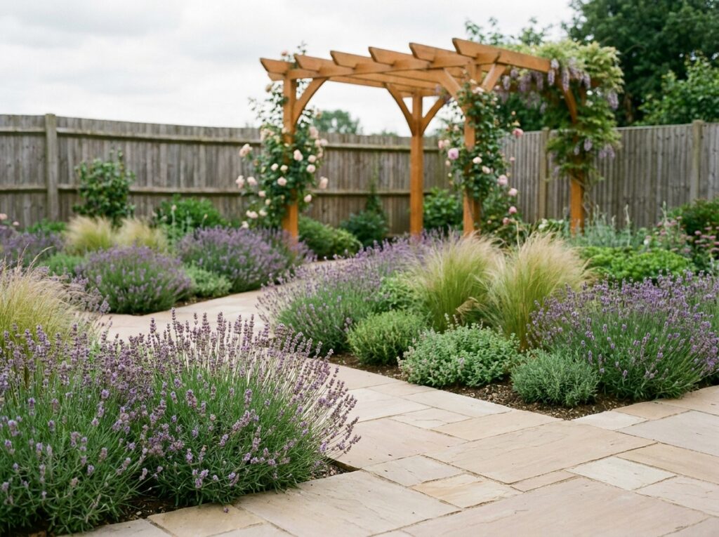 Jardin aménagé avec allées en pierre naturelle, pergola en bois et massifs de plantes ornementales
