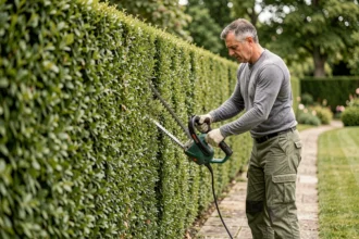 Jardinier professionnel taillant une haie de buis haute dans un jardin résidentiel français au printemps