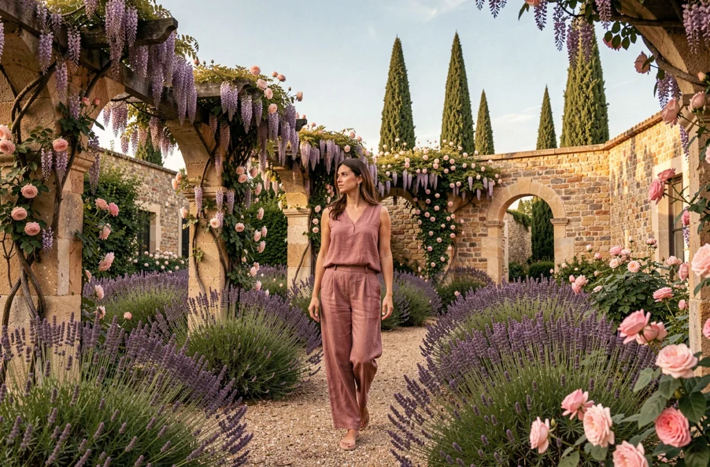 Conceptrice des Jardins Célestes se promenant dans un jardin romantique fleuri avec arches en pierre couvertes de glycine près de Toulouse