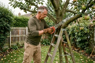 Homme utilisant une scie d'élagage sur un arbre fruitier dans un jardin privé, équipé de gants de protection et d'une échelle en bois