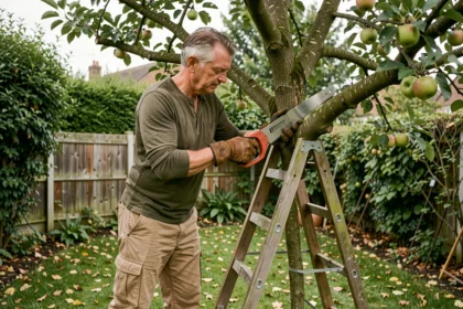 Homme utilisant une scie d'élagage sur un arbre fruitier dans un jardin privé, équipé de gants de protection et d'une échelle en bois