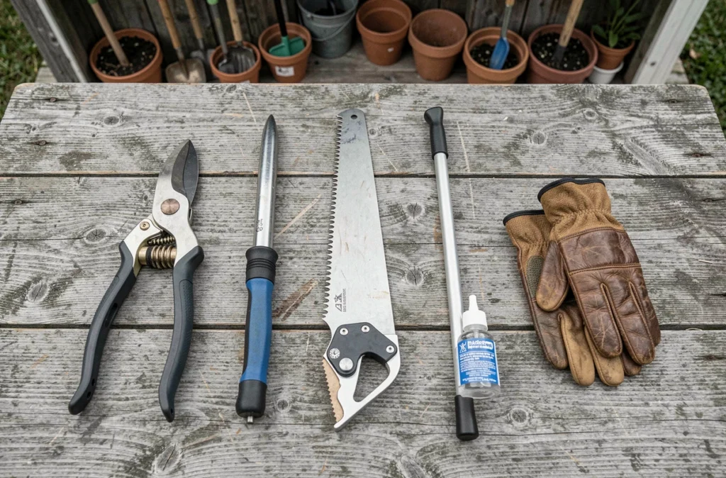 Vue de dessus d'un kit d'élagage complet posé sur un établi en bois, incluant sécateur, scie, élagueuse et gants de jardinage