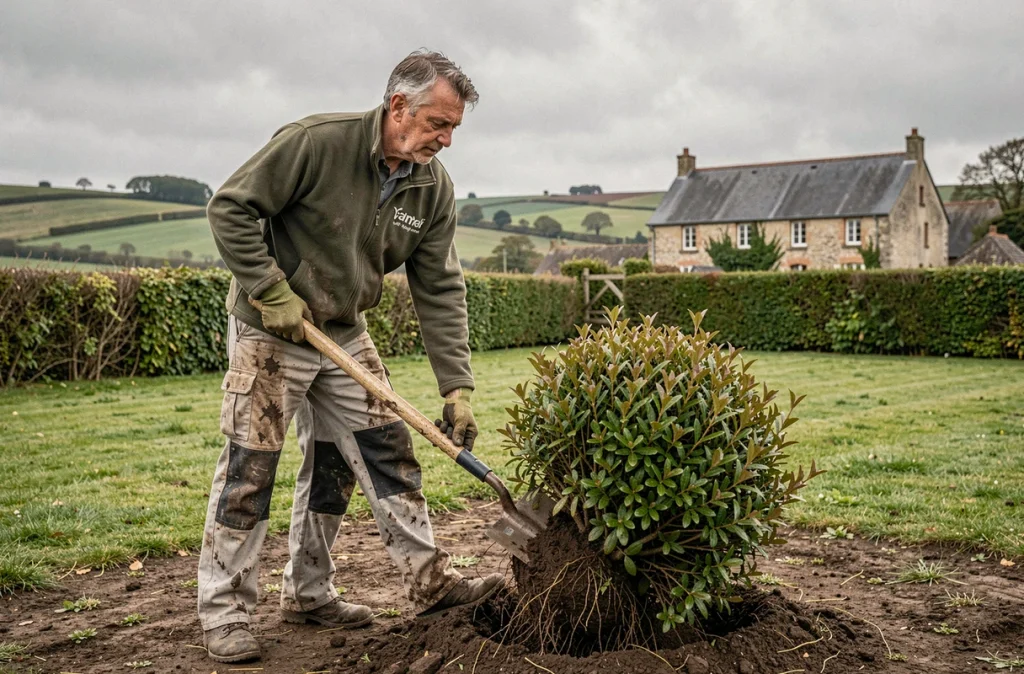 Paysagiste Leroy Paysage transplantant un arbuste dans un jardin rural à Noyal-sur-Vilaine avec longère bretonne en arrière-plan