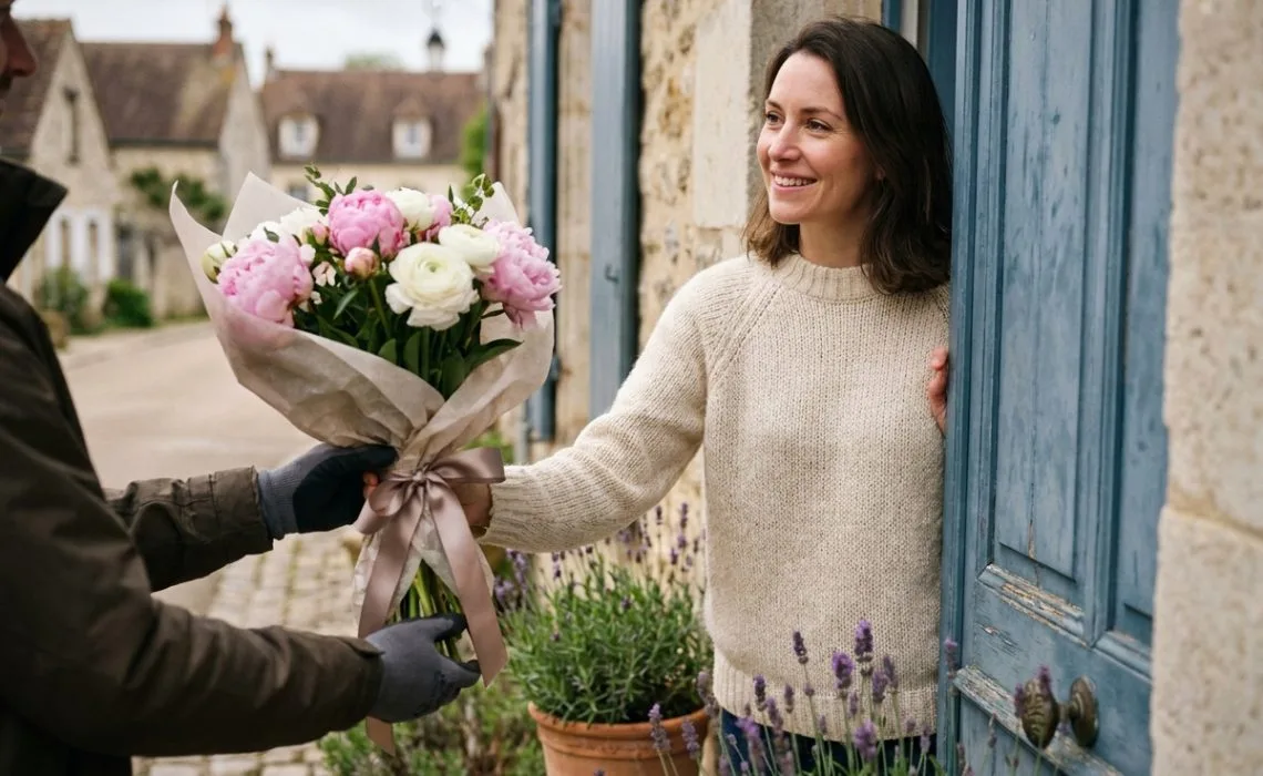 Femme recevant un bouquet de pivoines roses à domicile lors d'une livraison de fleurs