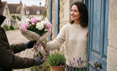 Femme recevant un bouquet de pivoines roses à domicile lors d'une livraison de fleurs