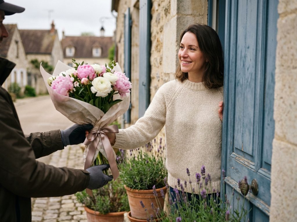 Femme recevant un bouquet de pivoines roses à domicile lors d'une livraison de fleurs