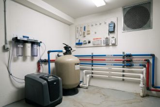 Local technique de piscine bien organisé avec pompe, filtre à sable et système de dosage chimique rangés proprement