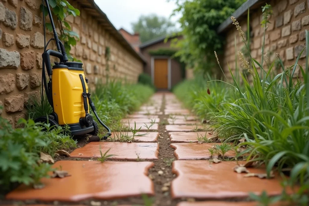 Allée de jardin envahie par les mauvaises herbes avec un pulvérisateur de désherbant posé contre un mur en pierre, vue grand angle au sol