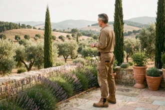 Paysagiste professionnel supervisant un jardin méditerranéen en Occitanie avec vue sur les collines et la végétation typique du Languedoc