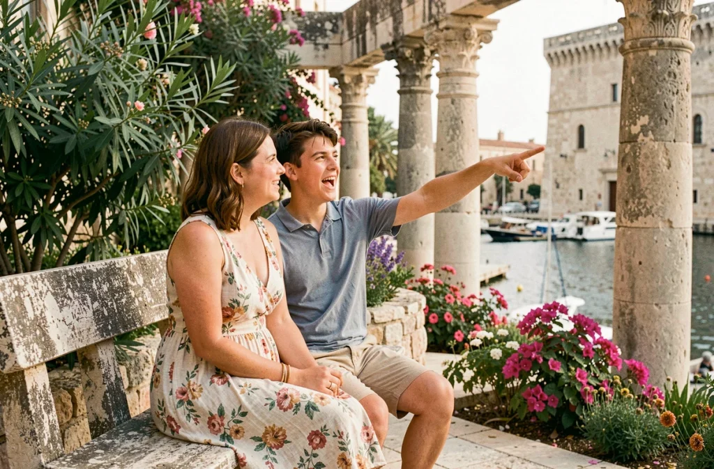 Mère et fils admirant la vue sur le port depuis les jardins Barrakka à Valletta, Malte