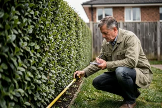 Homme mesurant la longueur d'une haie avec un mètre ruban dans un jardin pour estimer la taille avant de demander un devis