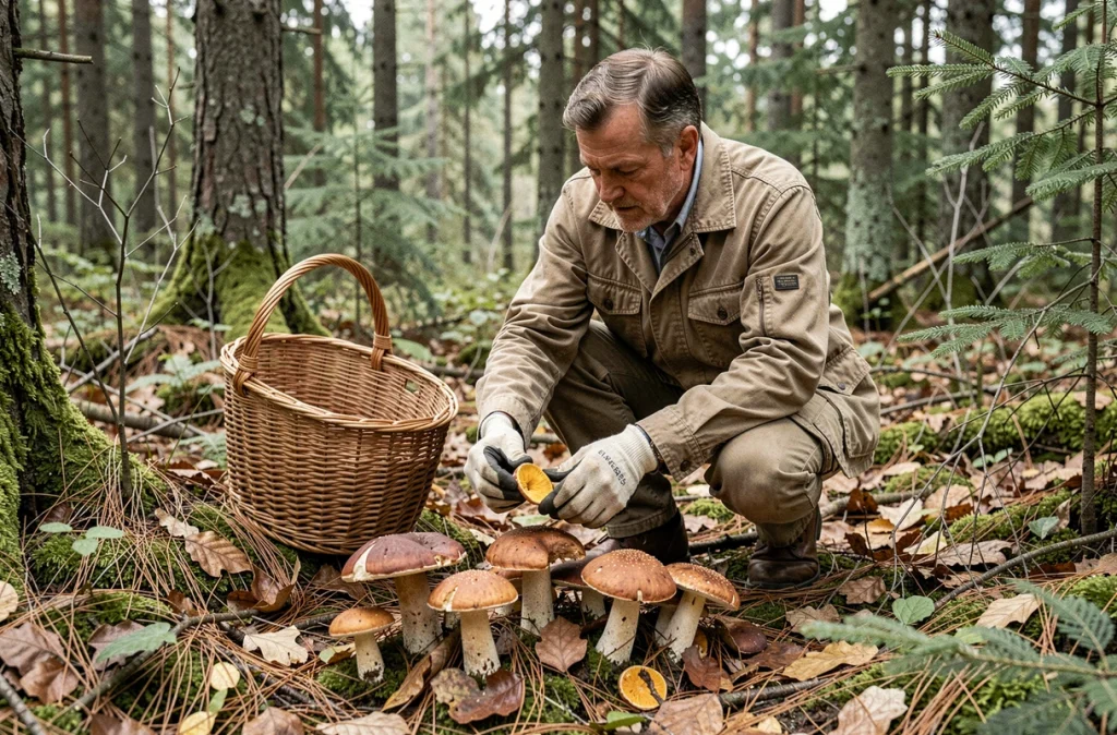 Mycologue en forêt examinant des bolets à chair jaune dans leur habitat naturel parmi les feuilles mortes