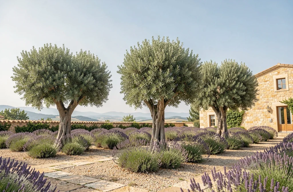 Rangée d'oliviers taillés en nuage dans un jardin provençal en terrasses avec chemin en pierre