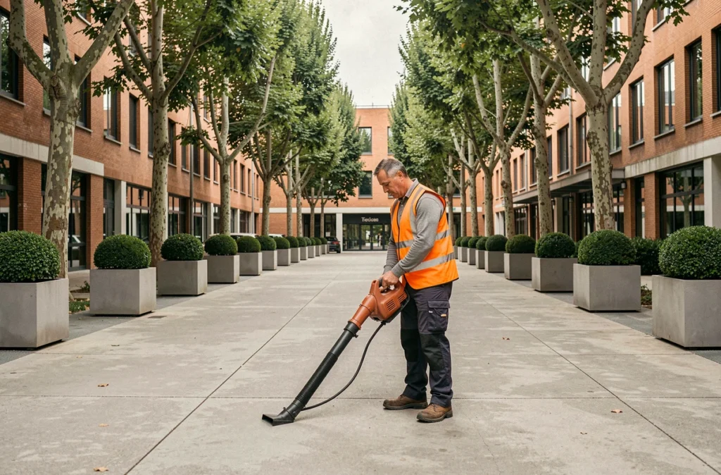 Agent d'entretien d'OMNISERVICI soufflant les feuilles dans la cour aménagée d'un immeuble d'entreprises à Toulouse
