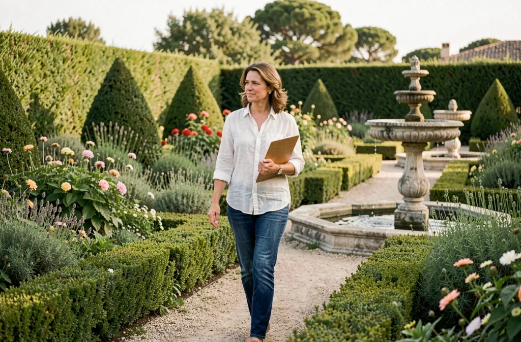 Paysagiste de Parcs et Jardins du Languedoc inspectant un jardin public formel avec parterres de fleurs et fontaine en pierre typiques de l'Occitanie