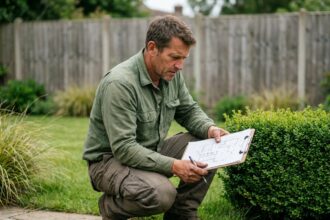 Paysagiste professionnel examinant des plans d'aménagement paysager dans un jardin résidentiel soigné