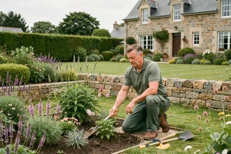 Paysagiste professionnel en Ille-et-Vilaine travaillant dans un jardin breton typique avec haies taillées et massifs fleuris