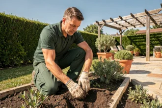 Paysagiste professionnel agenouillé dans un jardin méditerranéen soigné à Toulouse, examinant la terre autour de plantes ornementales