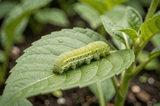 Petite chenille verte avec des rayures jaunes sur une feuille de jardin couverte de gouttelettes d'eau, vue en macro
