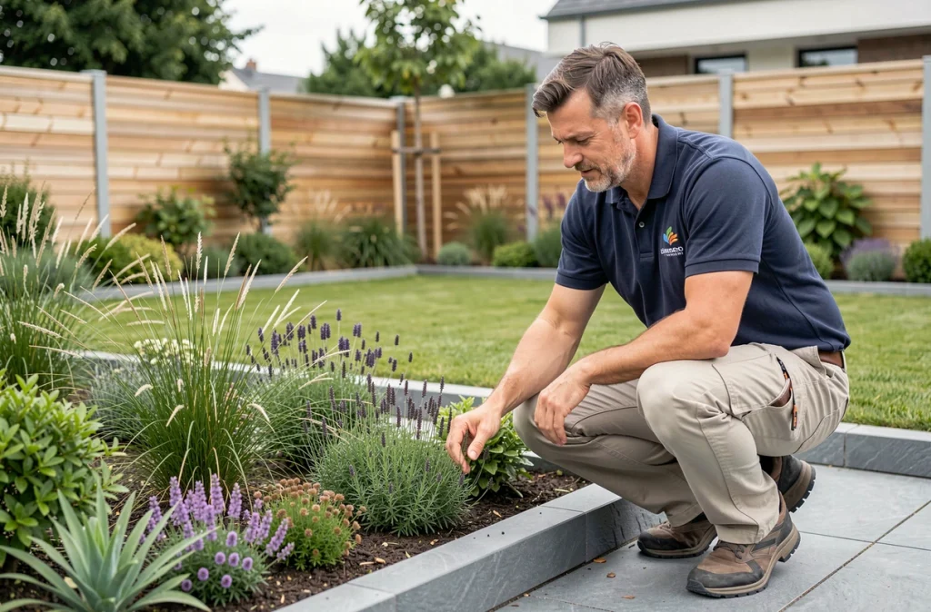 Paysagiste Pinson Paysage inspectant une nouvelle bordure de plantes vivaces dans un jardin contemporain à Vezin-le-Coquet