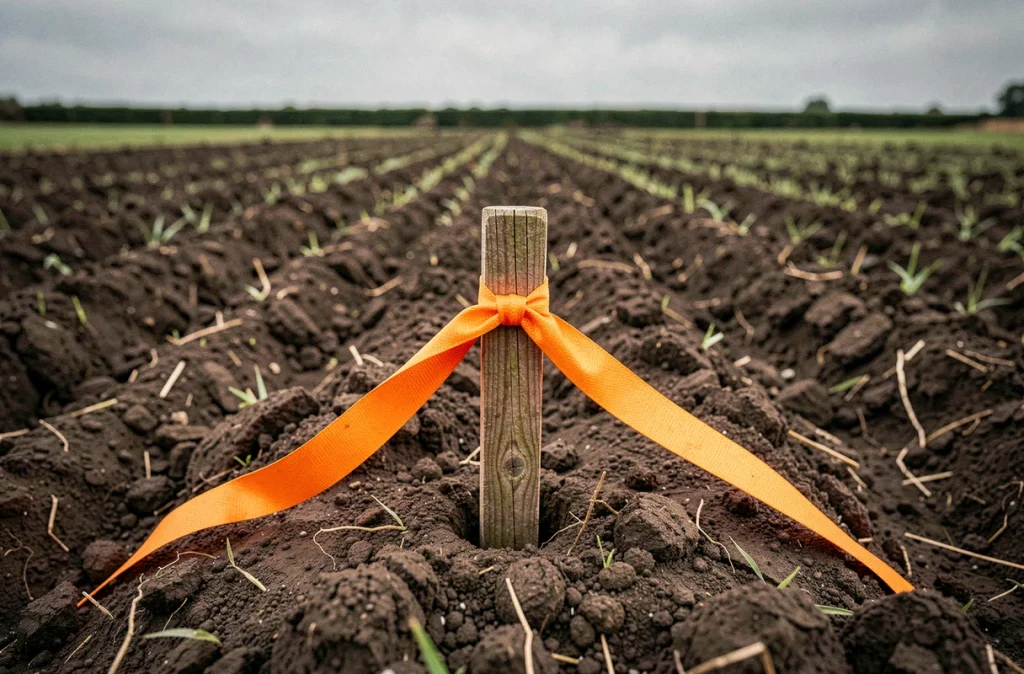 Piquet de bornage avec ruban de mesure planté dans un champ agricole représentant une unité de surface