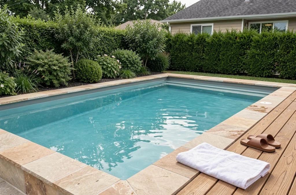 Piscine coque en fibre de verre installée et remplie dans un jardin résidentiel avec terrasse en bois