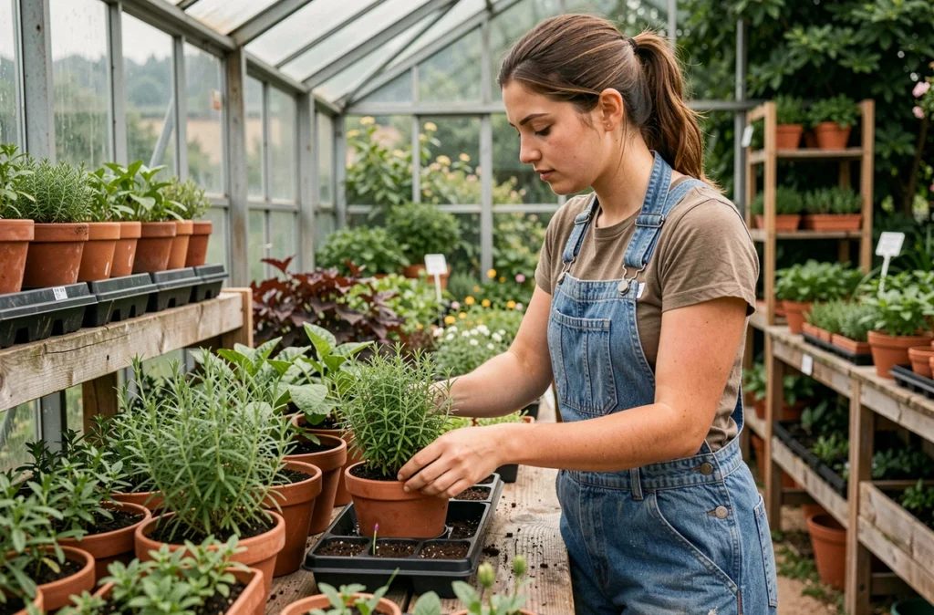 Horticultrice de Pousse Clanet rempotant des plantes aromatiques méditerranéennes dans une pépinière en Occitanie