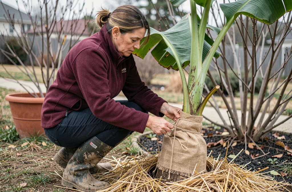 Femme protégeant le pied d'un bananier taillé avec de la toile de jute et de la paille pour l'hiver dans un jardin en automne