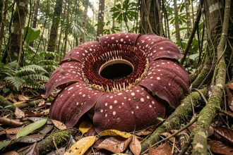 Fleur géante Rafflesia arnoldii en pleine floraison sur le sol d'une forêt tropicale de Sumatra, entourée de mousse et de racines, illustrant la plus grande fleur du monde en danger critique d'extinction