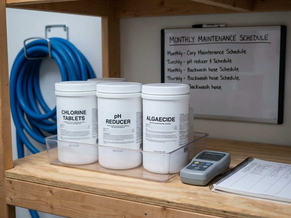 Étagère de produits chimiques pour piscine bien rangée dans un local technique avec tableau de maintenance