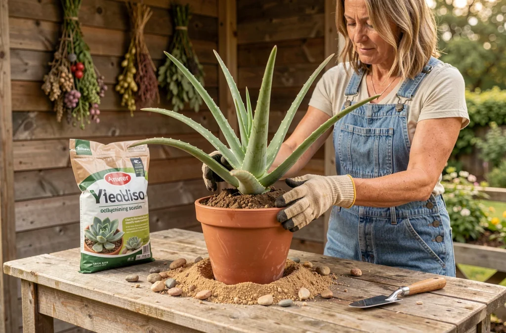 Femme rempotant un aloe vera dans un mélange de terreau drainant sur une table de jardinage en bois à l'extérieur