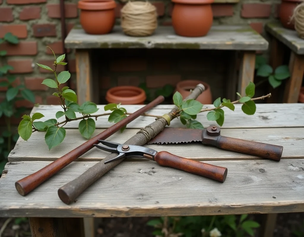 Sarments de rosier grimpant coupés posés sur une table de jardin en bois avec sécateur et scie de taille