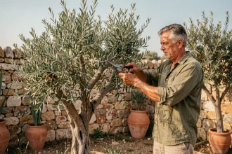 Jardinier taillant un olivier en nuage dans un jardin méditerranéen avec des murs en pierre sèche