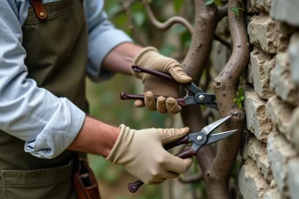 Jardinier âgé taillant les vieux sarments d'un rosier grimpant sur un mur en pierre de jardin de campagne française
